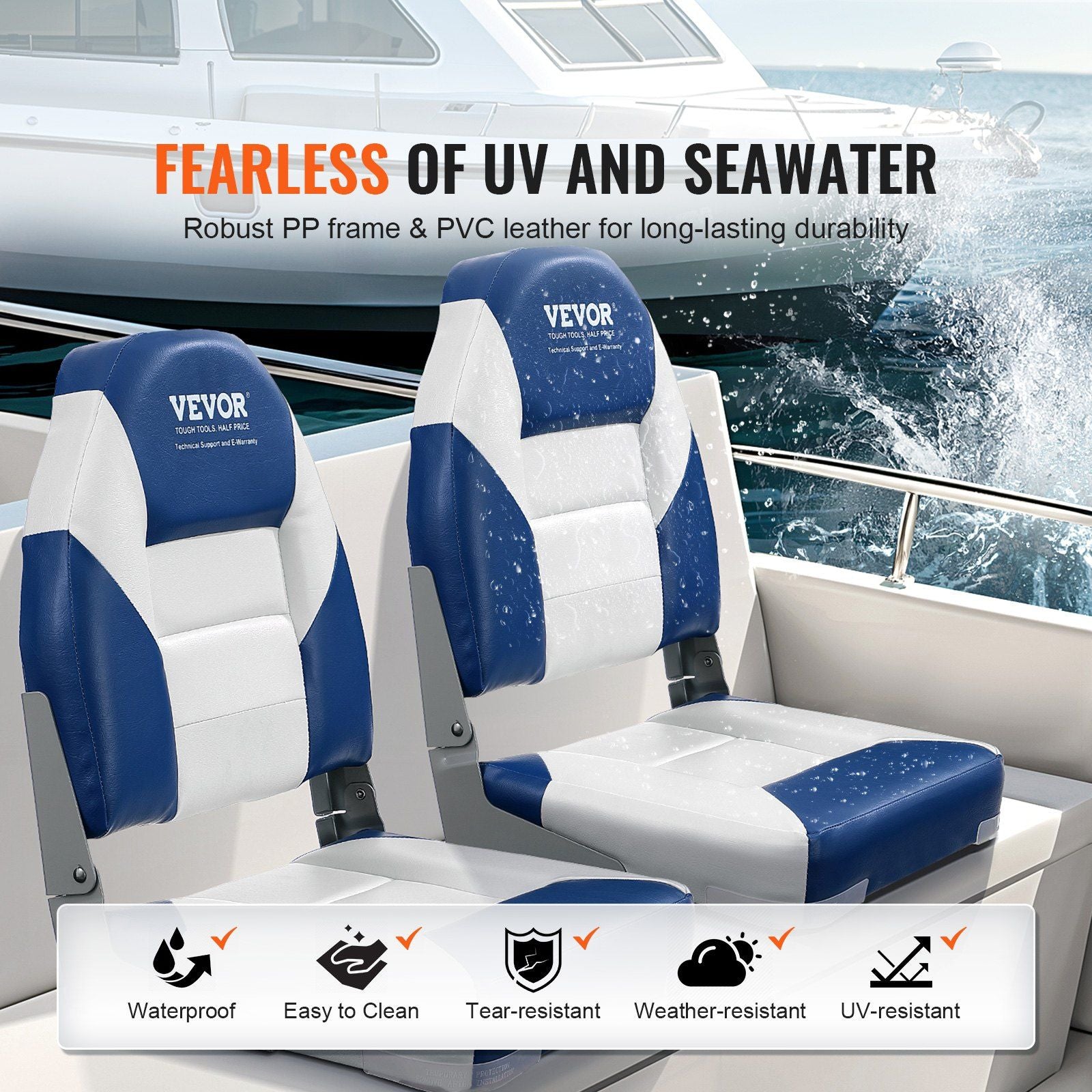 VEVOR Boat Seats, 21.85" High Back Boat Seat, Folding Boat Chair with Thickened Sponge Padding and Hinge, Fold-Down Boat Captain Chairs for Fishing Boat, Sightseeing Boat, Speedboat, Canoe, 2-Pack - JM Variety Store